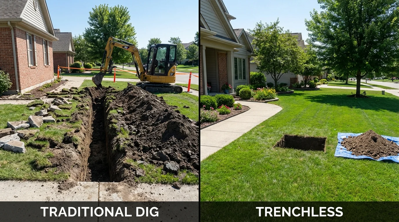 Trenchless sewer repair with minimal yard damage versus traditional excavation in Matteson, IL
